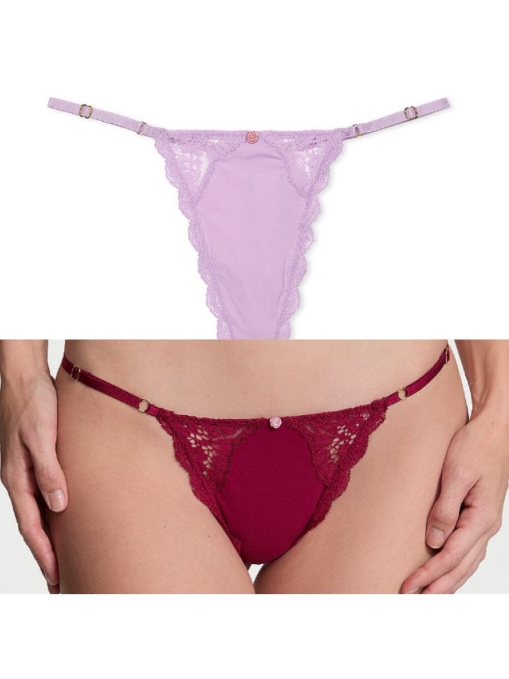 3 Lace-Trim Adjustable V-String Panties - Medium